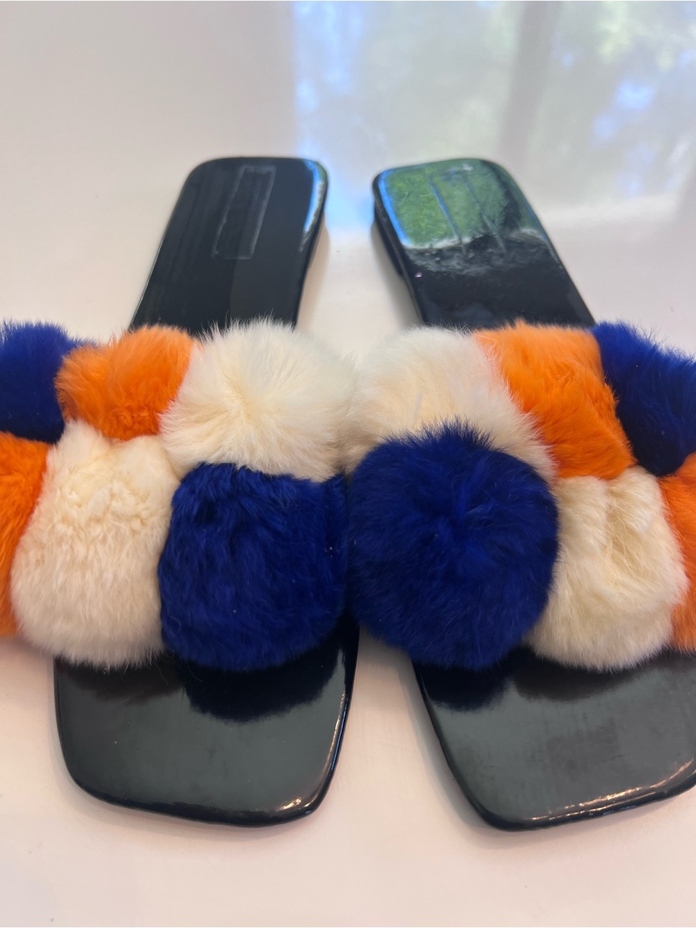 Women’s Multicolor Orange, Blue & White Fur Pom Slide Sandals - Black Base